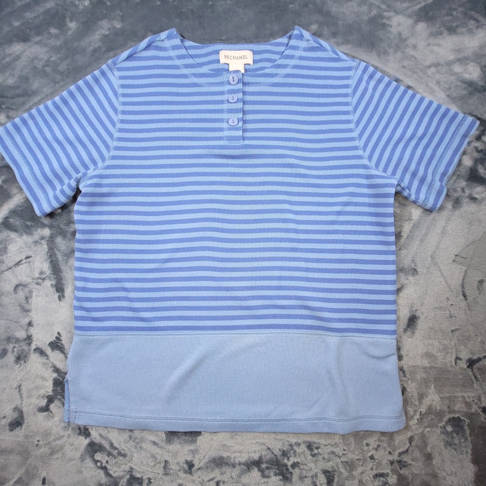 Bechamel Womens Blue Striped Ribbed Henley Short Sleeve Top Size‎ Medium